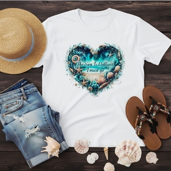 The Sea Is Calling I Must Go Tee • Beach Lover Shirt • Ocean Heart Seashell - Picture 10 of 11
